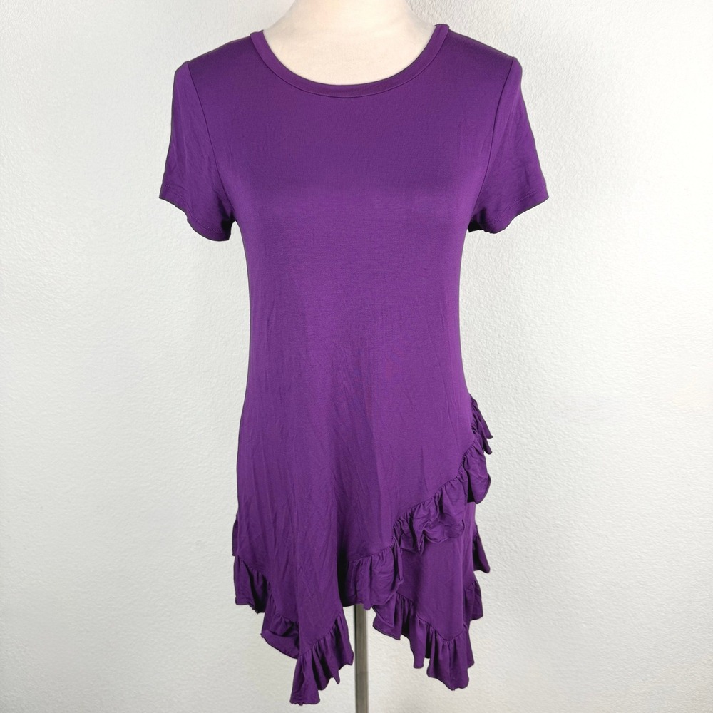 Y2K H&H Fashion Purple Ruffle Asymmetric Hem Short Sleeve Tunic Top Size Small